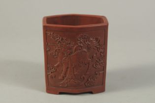 A CHINESE YIXING BRUSH POT, with mythical beasts. 11.5cms high.