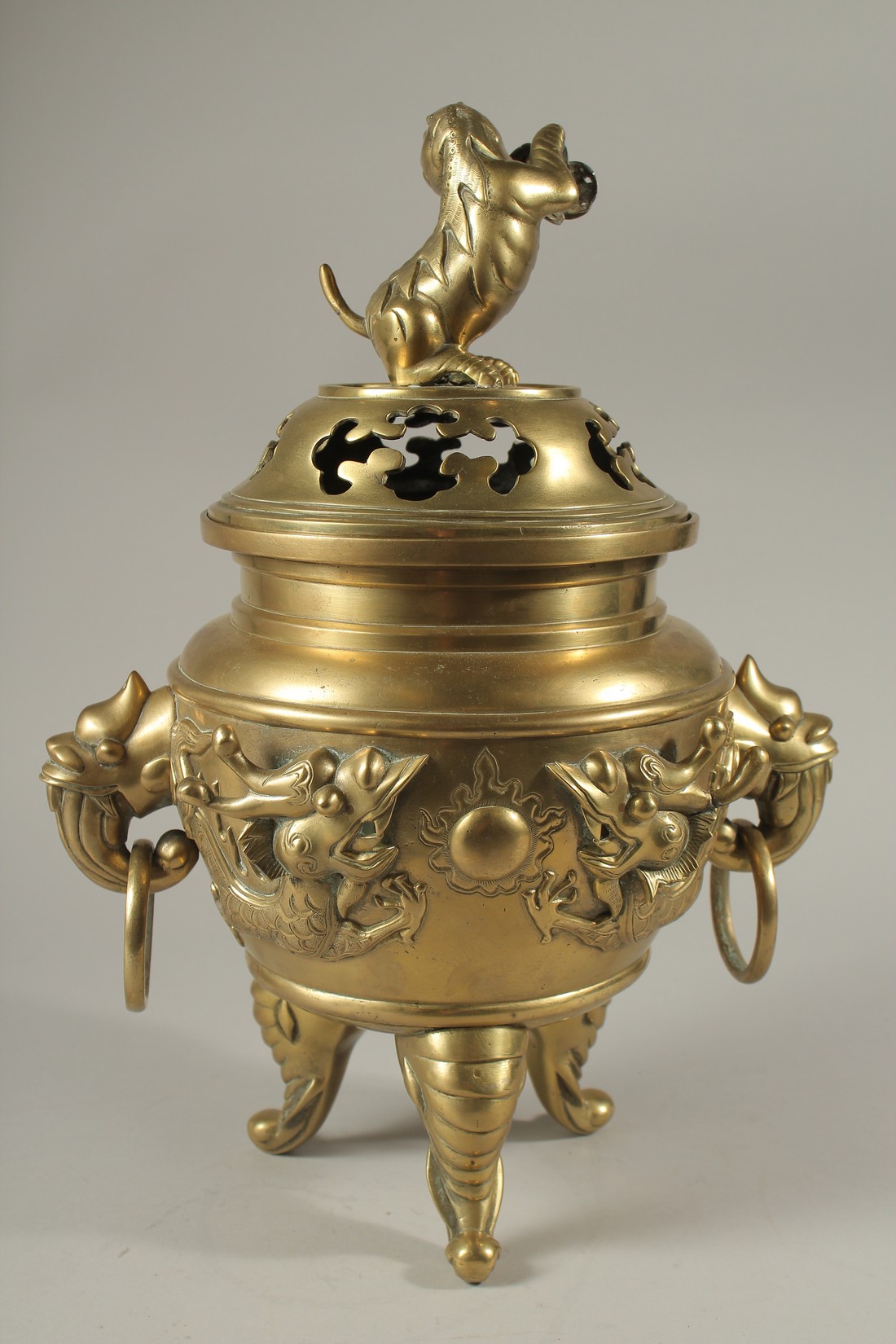 A LARGE CHINESE BRONZE TWO HANDLED CENSER AND COVER with dog of fo finial. 42cms high. - Image 4 of 5
