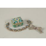 A SMALL RUSSIAN SILVER AND CLOISONNE ENAMEL BOX, 4cms long, a RUSSIAN SILVER AND CLOISONNE BRACELET,