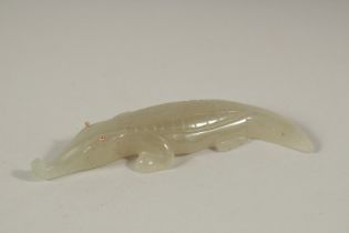 A RUSSIAN CARVED JADE CROCODILE with gold eyes. 11cms long, in a Faberge box.