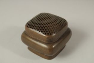 A CHINESE SQUARE BRONZE CENSER AND COVER. Signed. 6cms.