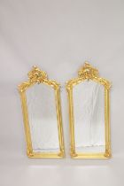 A PAIR OF GILTWOOD LONG MIRRORS. 3ft 8ins long x 1ft 7ins wide.