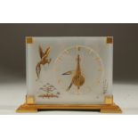 A VERY GOOD JAEGER LECOULTRE CLOCK with a bird and Chinese design. No. 350. 6.25cms high x 8.5cms