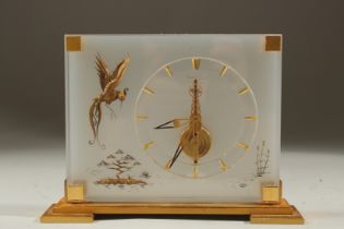 A VERY GOOD JAEGER LECOULTRE CLOCK with a bird and Chinese design. No. 350. 6.25cms high x 8.5cms