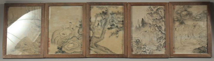 A SET OF FIVE CHINESE FRAMED AND GLAZED PICTURES. 28 x 20cms.