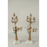 A LARGE PAIR OF PORCELAIN AND GILT METAL FOUR LIGHT CANDELABRA with birds and flower heads. 60cms