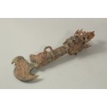 A CHINESE BRONZE FOUR-FACED SCEPTRE with dragon decoration. 40cms long.
