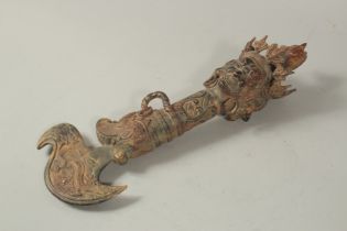 A CHINESE BRONZE FOUR-FACED SCEPTRE with dragon decoration. 40cms long.