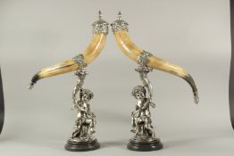 A SUPERB LARGE PAIR OF MOUNTED HORN AND PLATE TABLE CENTREPIECES, the horns 22ins long with fruiting