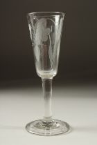 A GEORGIAN WINE GLASS with long engraved ale glass. 7ins high.