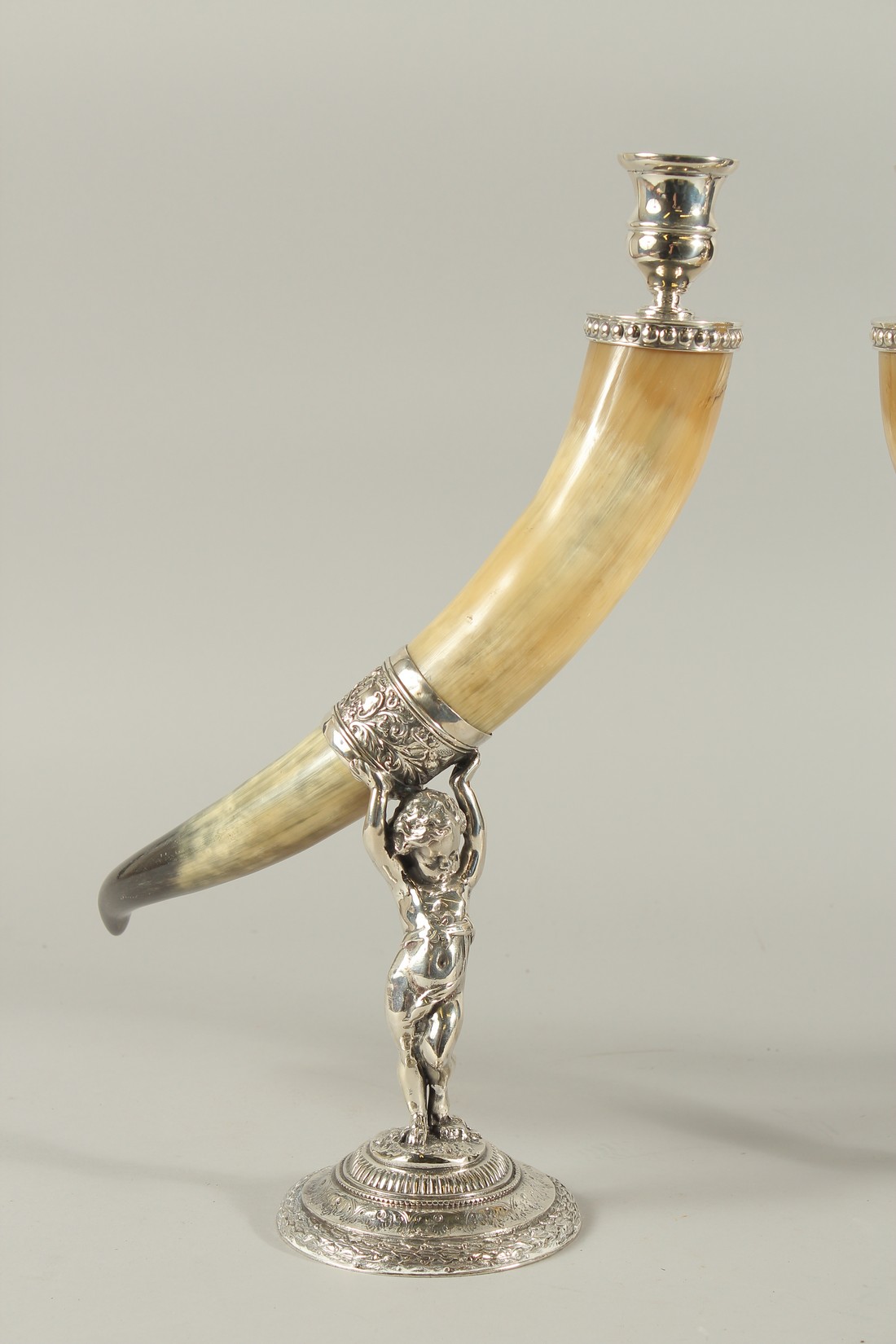 A GOOD PAIR OF MOUNTED HORN AND PLATE CANDLESTICKS, the horn with plated band and finial, and - Image 2 of 8