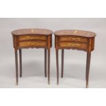 A PAIR OF LOUIS XVITH DESIGN INLAID KIDNEY SHAPED BEDSIDE TABLES with two drawers, on curving