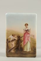 A CONTINENTAL PORCELAIN PLAQUE, a young lady reading a book, a cupid standing by a fence. 14cms x