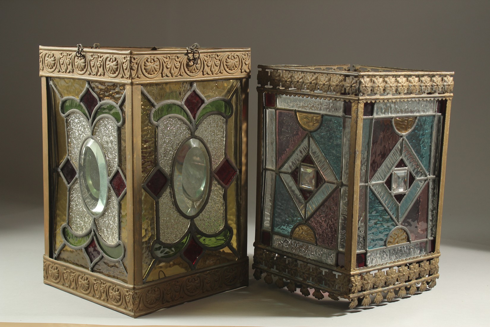 TWO SQUARE LEADED LIGHT HALL LANTERNS. 13ins & 12ins high.