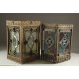 TWO SQUARE LEADED LIGHT HALL LANTERNS. 13ins & 12ins high.