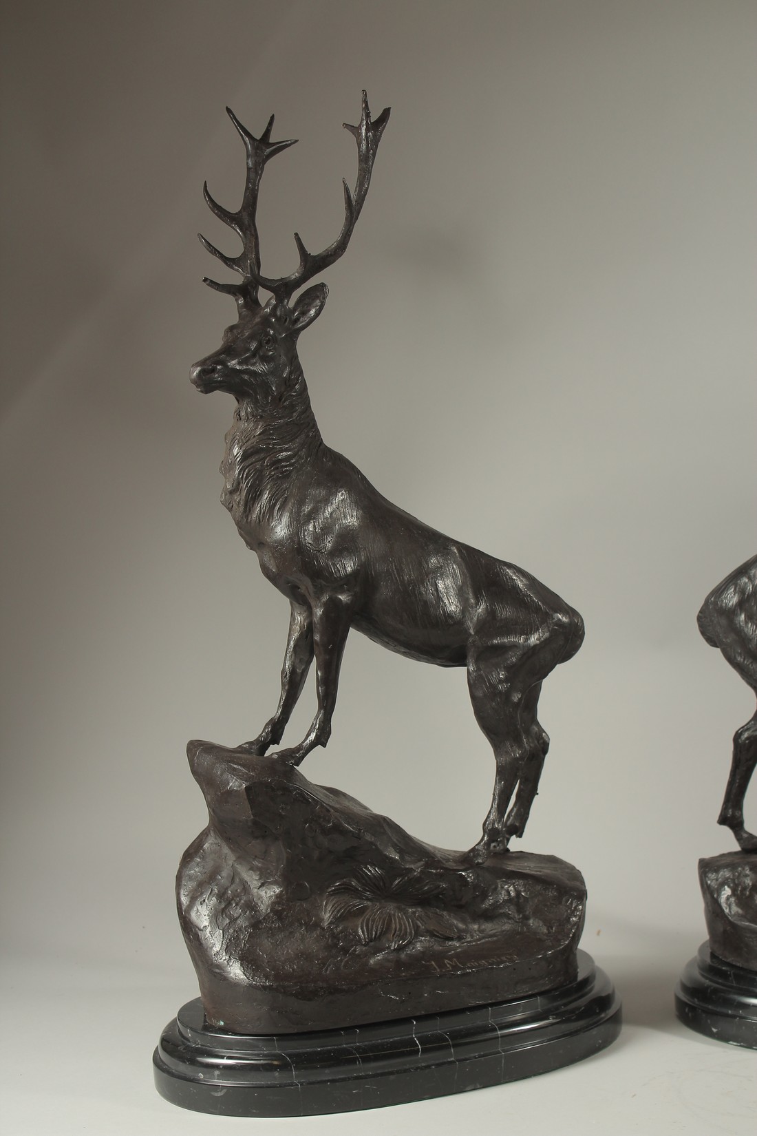 AFTER JULES MOIGNIEZ (1835-1894) FRENCH. A GOOD BRONZE PAIR OF STAGS on marble bases. 62cms high. - Image 2 of 6