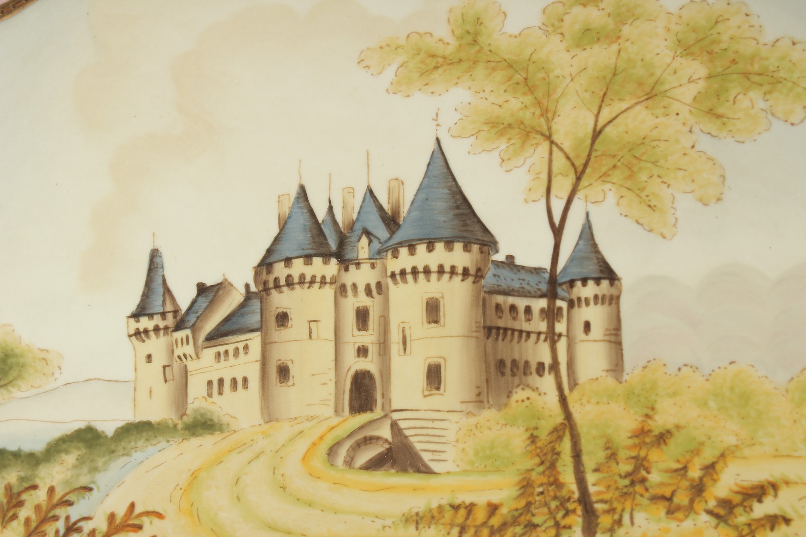 A SEVRES DESIGN PORCELAIN SHAPED PLATTER painted with a castle. 40cms. - Image 2 of 4