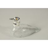 A GLASS AND SILVER PLATE DUCK JUG.