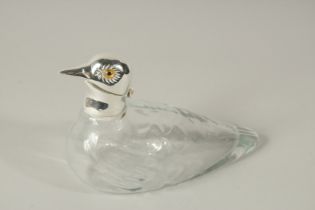 A GLASS AND SILVER PLATE DUCK JUG.