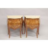 A PAIR OF LOUIS XVITH DESIGN MARBLE TOP COMMODES, each with two deep drawers, on curving legs. 2ft