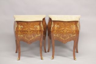 A PAIR OF LOUIS XVITH DESIGN MARBLE TOP COMMODES, each with two deep drawers, on curving legs. 2ft