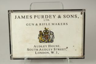 AN ENAMEL JAMES PURDEY & SONS SIGN. 25 x 35cms.