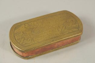 AN 18TH CENTURY ENGINEERED BRASS BOX with classical scene. 14cms long.