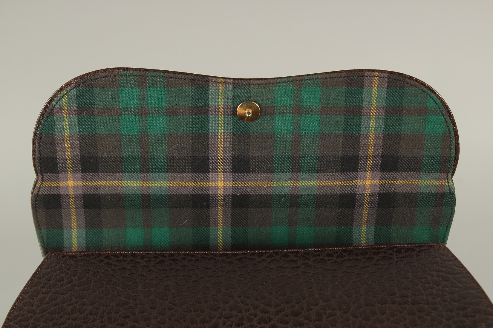 A RENAUD PELLEGRINO, PARIS, BROWN BAG with tartan interior. 23cms long x 19cms deep. - Image 3 of 4