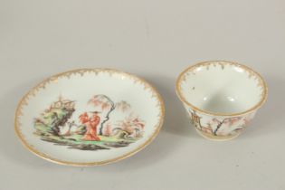 A GOOD TEA BOWL AND SAUCER, WELL PAINTED WITH CHINESE FIGURES in a landscape to both tea bowl and