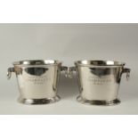 A LARGE PAIR OF OVAL CHAMPAGNE COOLERS with ring handles. 24cms high.