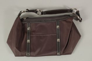 POURCHET, A BROWN FABRIC BAG with carrying handles. 36cms long x 22cms deep.