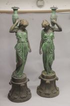 A GOOD LARGE PAIR OF BRONZE STANDING LIGHT FOUNTAINS, modelled as classical maidens, each holding