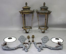 A LARGE PAIR OF BRASS LANTERNS AND SUPPORTS. 2ft 10ins high.