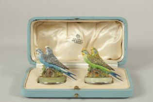 A VERY GOOD PAIR OF ASPREY'S COLD CAST BRONZE AND ONYX BUDGERIGAR MENU HOLDERS, in an Asprey's box.