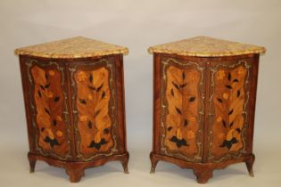 A GOOD PAIR OF LOUIS XVTH ENCOIGNURES BY NICOLAS BERTHELMI, CIRCA 1740, with marbles tops, fitted