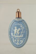 A WEDGWOOD BLUE AND WHITE JASPER WARE SCENT BOTTLE.