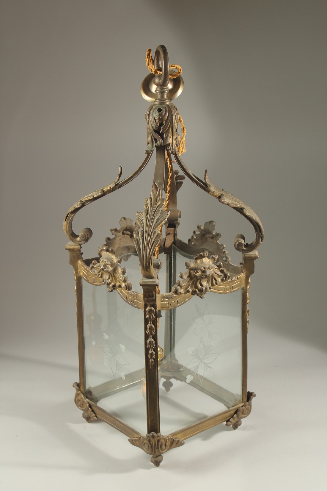 A 19TH CENTURY GILT METAL SQUARE LANTERN with etched glass panels, acanthus leaves and masks. - Image 3 of 3