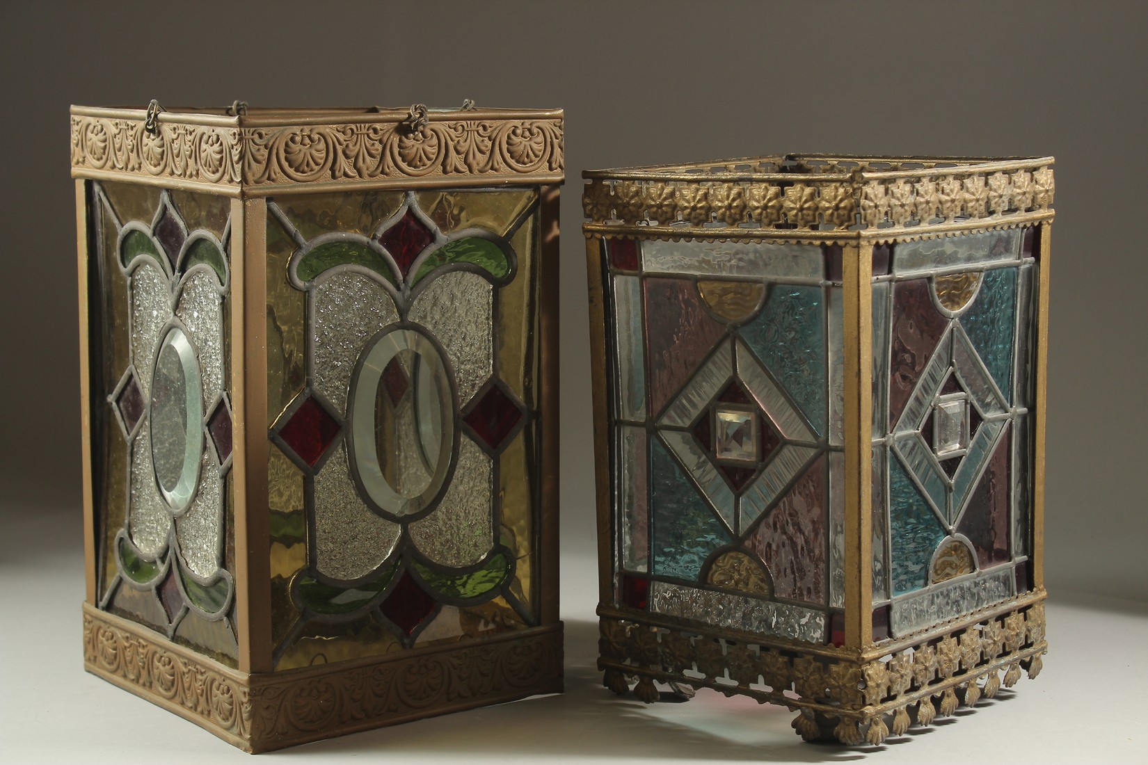 TWO SQUARE LEADED LIGHT HALL LANTERNS. 13ins & 12ins high. - Image 4 of 4