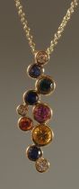 AN 18CT YELLOW GOLD MULTI SAPPHIRE, DIAMOND AND CITRINE BUBBLE PENDANT AND CHAIN.