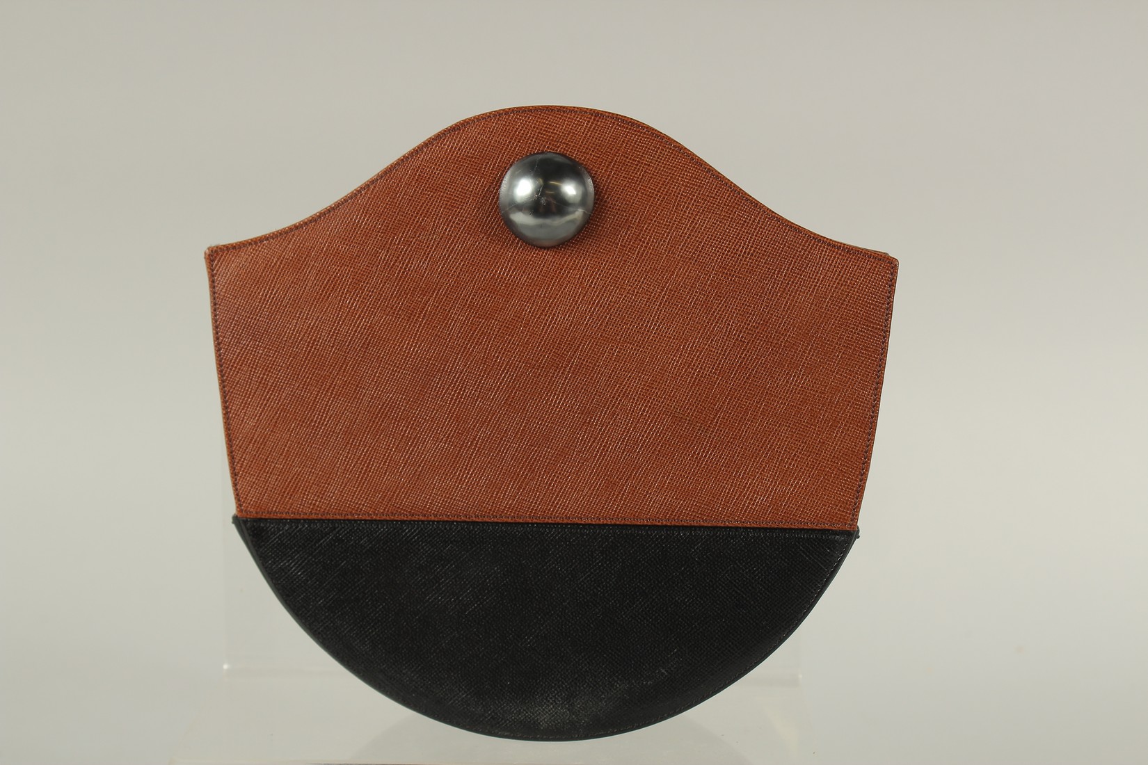 A RENAUD PELLEGRINO, PARIS, BLACK AND BROWN BAG with mother-of-pearl stud. 21cms long x 20cms deep. - Image 2 of 3