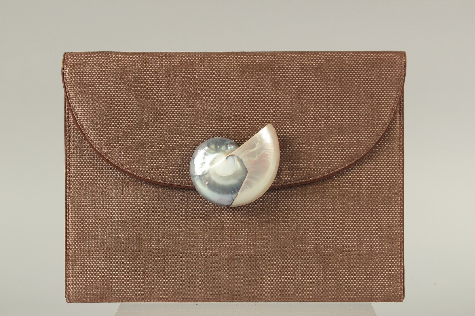 AN YVES SAINT LAURENT, PARIS, BROWN HESSIAN BAG with mother-of-pearl shell. 26cms long x 20cms