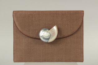AN YVES SAINT LAURENT, PARIS, BROWN HESSIAN BAG with mother-of-pearl shell. 26cms long x 20cms
