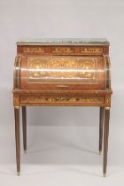 A LOUIS XVITH STYLE INLAID CYLINDER BUREAU on tapering legs. 4ft high x 2ft 9ins wide.