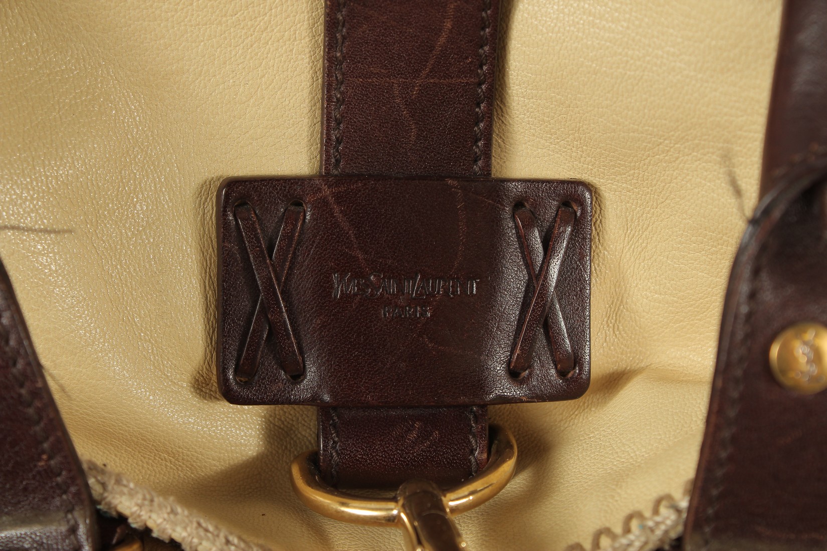 AN YVES SAINT LAURENT, PARIS, SOFT LEATHER BAG with metal clips and leather handles. 40cms long. - Image 2 of 6