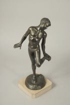 P. UCCELLO, NAPOLI. A SPELTER FIGURE OF A YOUNG BOY stood on a crab.. Signed, on a marble base. 15i