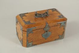 A GOOD OAK PLATED TWO DIVISION TEA CADDY. 9ins long.