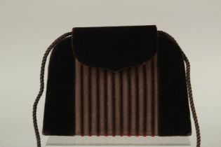 A RENAUD PELLEGRINO, PARIS, VELVET STRIPED BAG with cord strap. 21cms long x 16cms deep.
