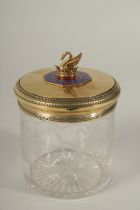 A VERY GOOD RUSSIAN SILVER AND ENAMEL TOP GLASS JAR, the body engraved with garlands, with swan