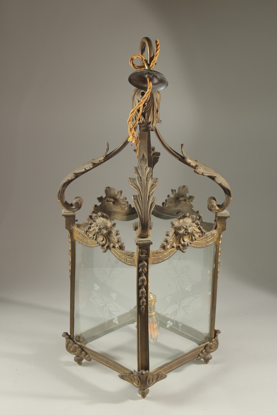 A 19TH CENTURY GILT METAL SQUARE LANTERN with etched glass panels, acanthus leaves and masks. - Image 2 of 3