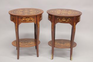 A PAIR OF LOUIS XVITH DESIGN INLAID OVAL BEDSIDE CUPBOARDS with single drawer, under tier and